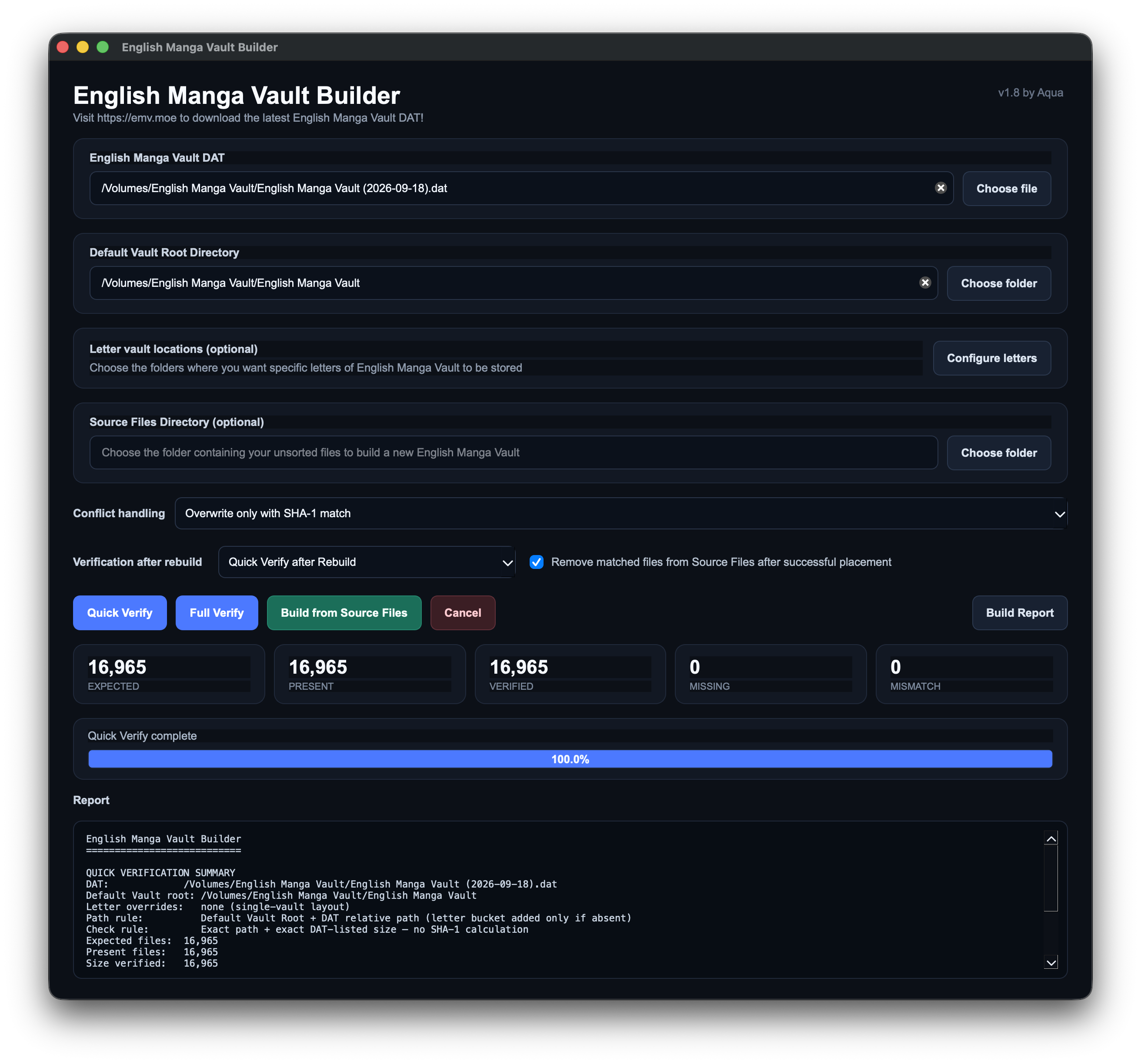 English Manga Vault Builder v1.8 interface showing DAT selection, vault directories, Quick Verify, Full Verify, rebuild controls, verification totals, progress, and report output.